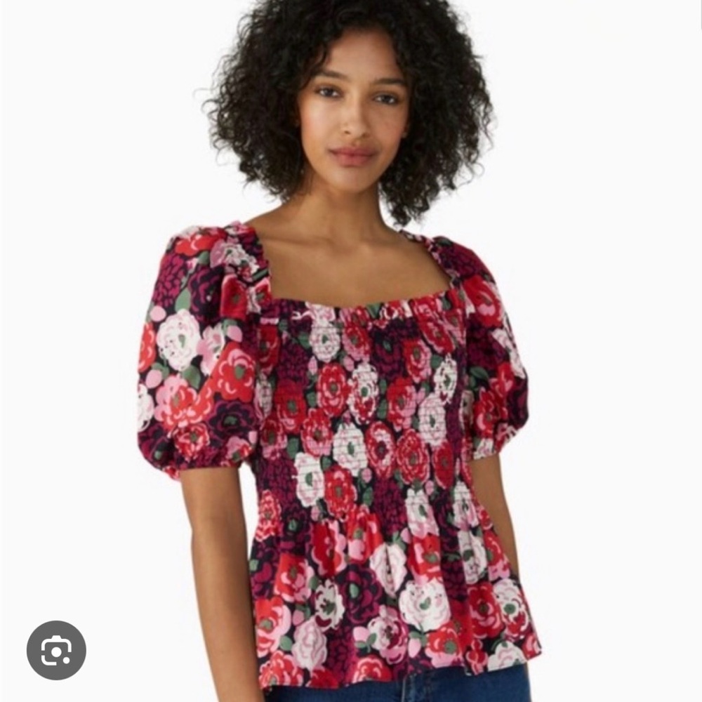 kate spade Floral Puff-Sleeve Smocked Top in Red, Pink, Black